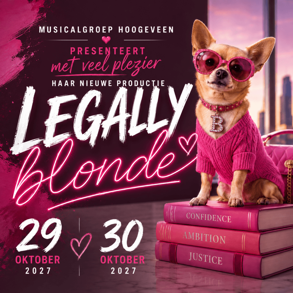 Eerste afbeelding: Poster Legally Blonde Musicalgroep Hoogeveen – voorstellingen 29 en 30 oktober 2027